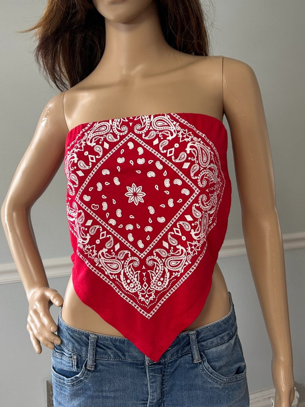 Red Handkerchief Bandana Rayon Tube Top Paisley & Floral Pattern